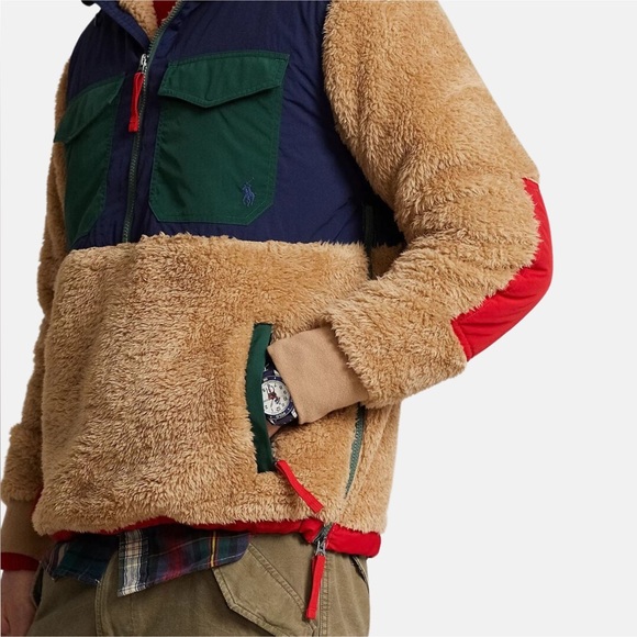 Polo Ralph Lauren Colorblock Pile Fleece Hybrid ½ Zip Pullover Jacket in Camel - Picture 6 of 12